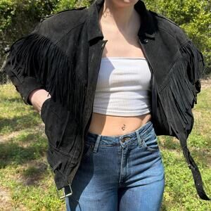 Vintage georgio ferrini black leather suede fringe western jacket